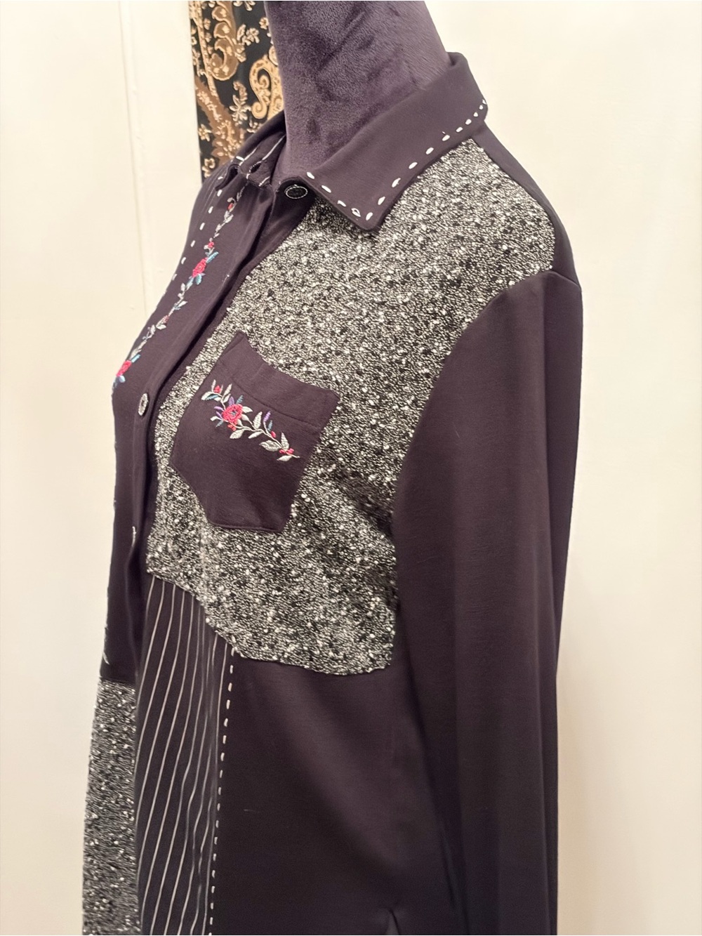 Teddi Black Patchwork Button-Up Blouse with Pink Floral Embroidery - Picture 3 of 11
